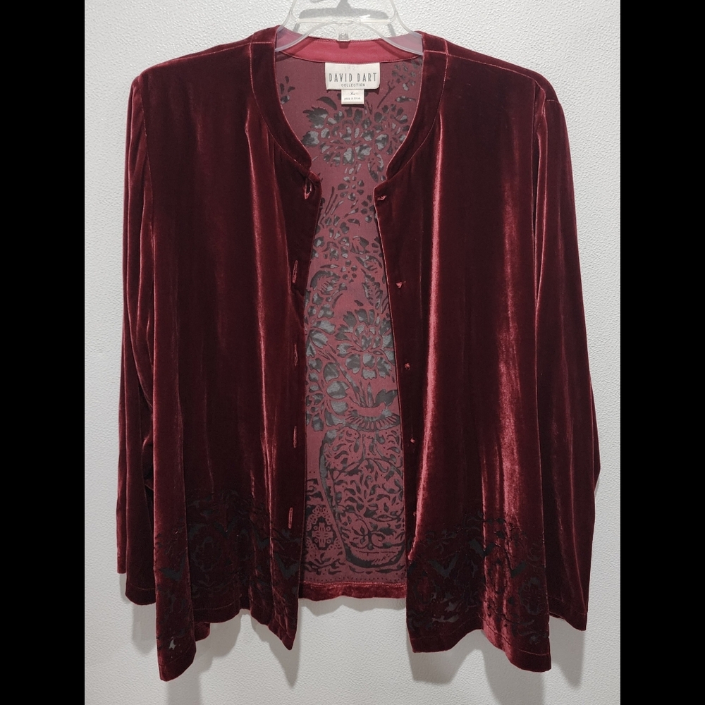 Vtg David Dart Velvet Burnout Top Sz XL Rayon Silk Floral Cutout MISSING BUTTONS
